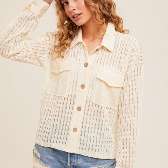 HEM & THREAD Cream Textured Sheer Button-Up Top, Lightweight Shacket  Blouse - Picture 3 of 6